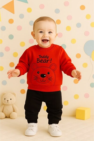 Superbaby Costum Teddy Bear pentru baieti, bluza rosie si pantaloni bleumarin...