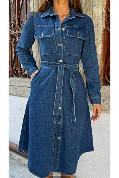 asia denim woman Denim Dress with Belt Detail