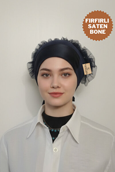 Tergek Ruffled Front Satin Navy Blue Inner Bonnet Cotton Combed Cotton Daily Women's Hijab Headscarf Turban