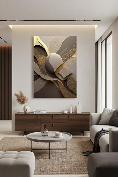 hollywest Lüks Gold Kahve Soyut Modern Sanat Kanvas Tablo | Salon Duvar Dekorasyonu