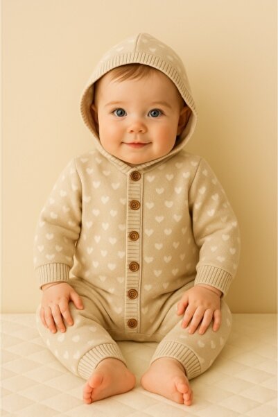 Superbaby Cream baby jumpsuit with hearts and hood – soft and warm