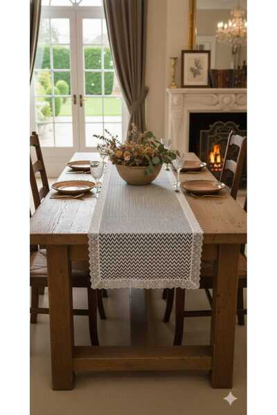 Rona Home Eye-Catching Elegance: Guipure Edged Zigzag Pattern Runner Luxurious Quality Dowry Runner Decorative Coverlet