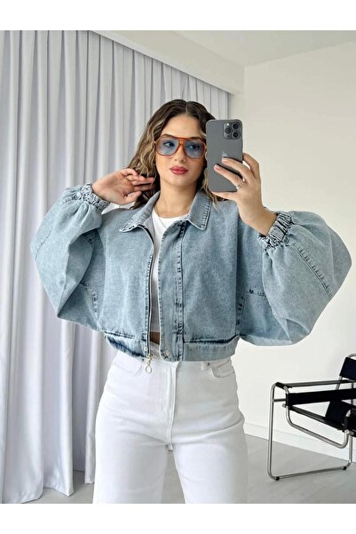 asia denim woman Denim Jacket with Balloon Sleeves