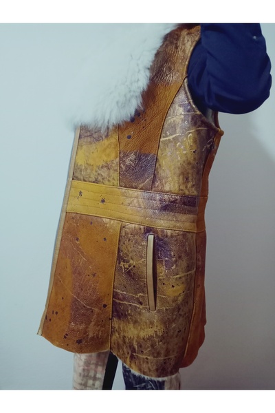 hoaryage All Sheepskin Leather Fur Vest, Fur Collar Meaty Post