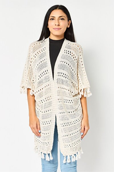Happiness İstanbul Women Short Sleeve Knitted Cardigan, Beige