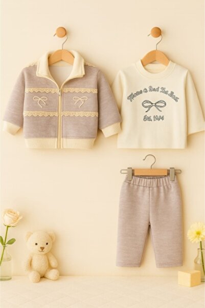 Superbaby 3-piece cream-gray baby suit with lace and bows – elegant and comfortable set