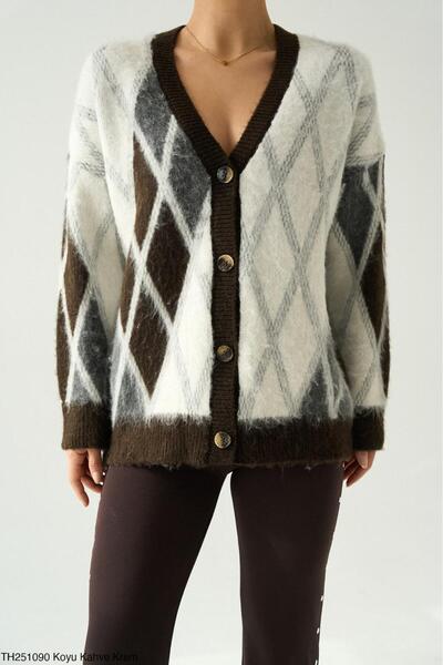 Markazzi سترة نسائية ناعمة بياقة على شكل حرف V ونقشة البقلاوة مبطن بالصوف