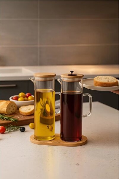 LeylArt طقم زيت وخل زجاجي مكون من قطعتين مع قاعدة من الخيزران - 400 مل