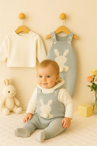 Superbaby Knitted baby suit, gray with fluffy bunny - premium 2-piece set for girls and boys