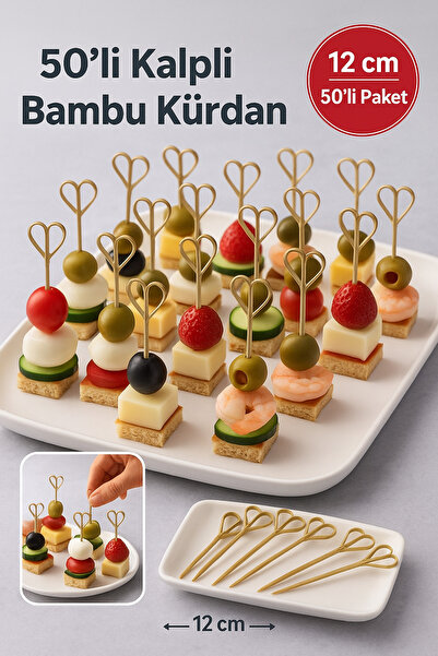 TOYFEST 50’li Kahve Kalpli 12 cm Doğal Bambu Kürdan • Kanepe Kokteyl Sunum Se...