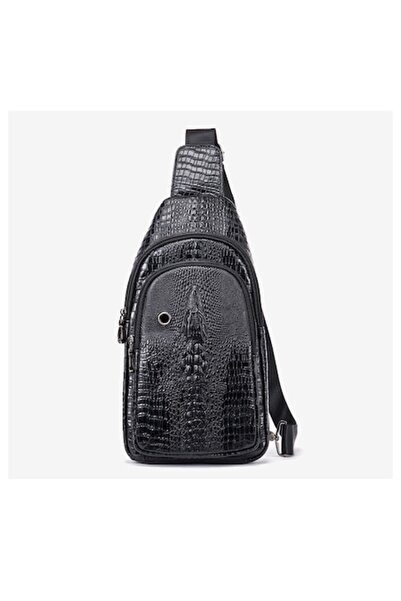 SWISSPN Chest and Shoulder Bag, Genuine Leather, SWISSPN, Crocodile Print, Black, 32x18x5 cm