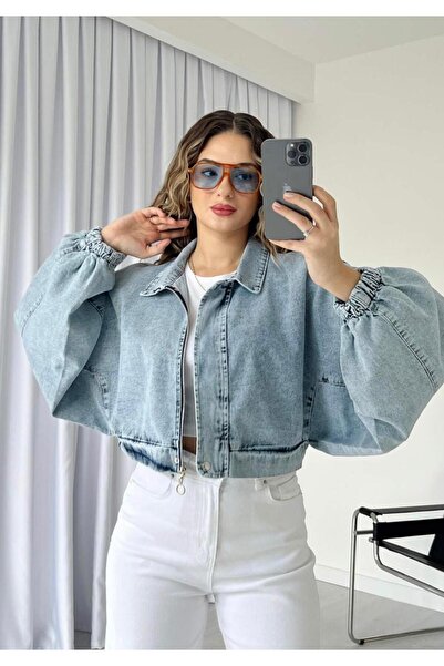 asia denim woman Denim Jacket with Balloon Sleeves