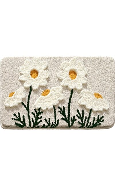 TopToday by C&S Covoras De Baie Pufos , Design Tridimensional Flori, Ultra-AbsorbanT, Ideal Pentru Baie, Alb