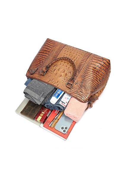 SWISSPN Travel Bag - Genuine Leather Crocodile Print, Brown, 45x31x17 cm