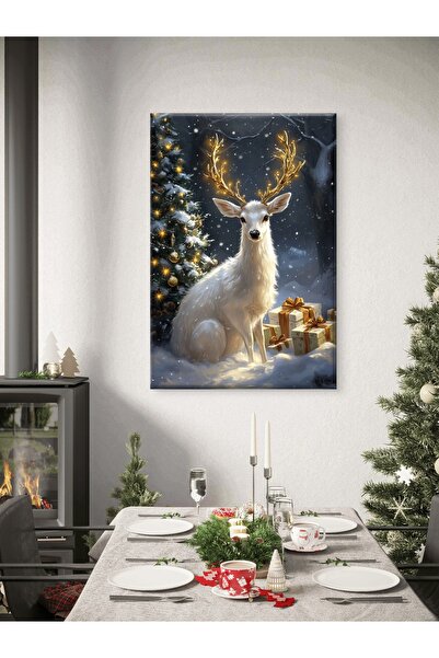 ESLEM KARLAR İÇİNDE BEYAZ GEYİK – ALTIN DETAYLI YILBAŞI TASARIMI BASKI KANVAS...