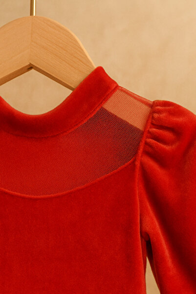 SETTY KOOP Girls Red Velvet Christmas Dress with Pearl Sleeves and Sheer Neckline rochie Crăciun fetițe