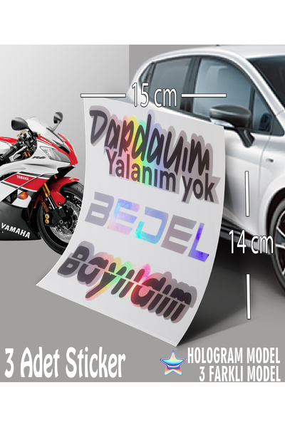 Automod Dardayım Bedel Bayıldım Sticker - Hologram Sticker - 3-Pack Text Sticker Compatible with Cars and Motorcycles