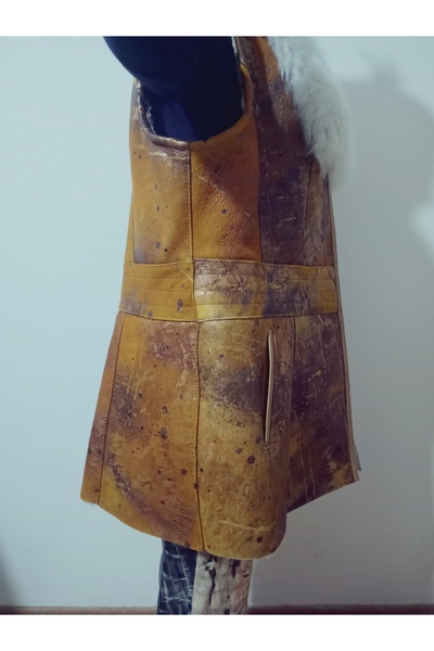 hoaryage All Sheepskin Leather Fur Vest, Fur Collar Meaty Post