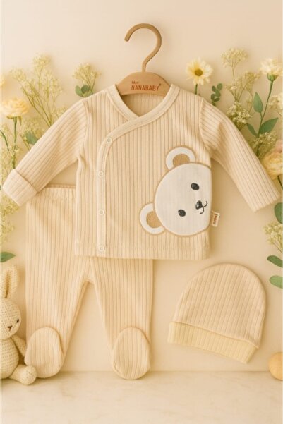 Superbaby Cream baby suit made of fine cotton with teddy bear – 3 pieces, comfort and style for babies