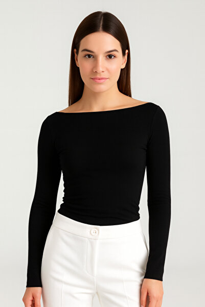 RABTEKS Bluză neagră ultra moale pentru femei, cu mânecă lungă, cu gât barca