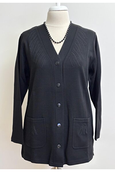 Özenli Triko Çelik Örgü 5 Düğmeli Nakış Detaylı Anne Hırkası Siyah