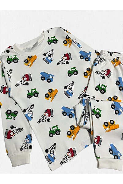 Pajama Shop Set de pijamale de iarnă cu mâneci lungi, cu model de camion tractor, culoare albă, bumbac 100% piese