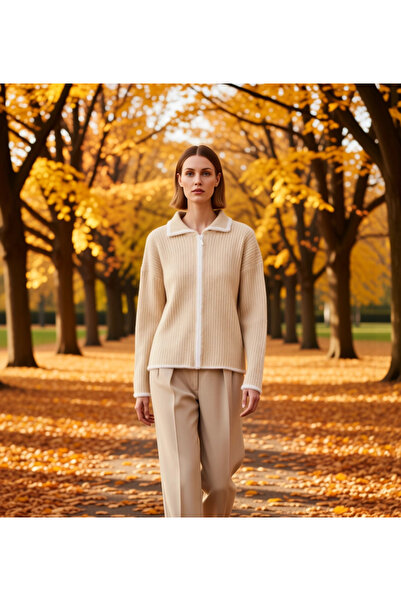 BENERLY Γυναικεία ζακέτα πλεκτό με φερμουάρ και μακρυμάνικο γιακά πόλο, με απ...