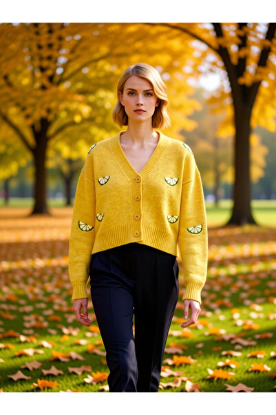 BENERLY Women's Oversized Crop V-Neck Low Sleeve Embroidered Knitwear Cardiga...