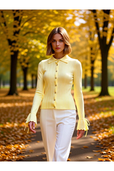 BENERLY Kadın Zamansız Şıklık Fitilli Polo Yaka Uzun Kollu Manşet Bağlama Det...