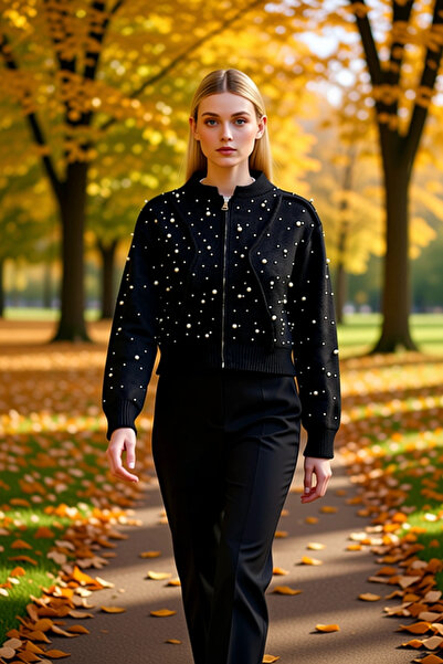 BENERLY Fermuarlı Taş Detaylı Yumuşak Dokulu Triko Hırka Mont Görünümlü Şık K...