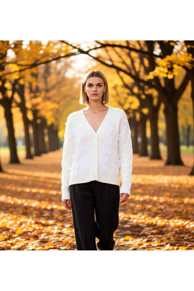 BENERLY Cardigan de damă cu croială largă, garnit cu tul și decolteu în V, of...