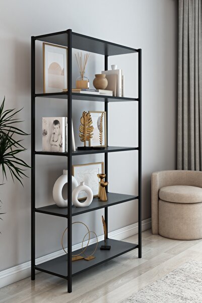 DEKOZUM SCARLET Metal Kitaplık 5 Raflı Çok Amaçlı Dosya Kitap Rafı Ofis Salon Mutfak Raf 150 Cm ANTRASİT