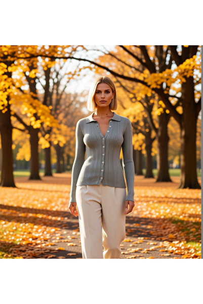 BENERLY Women's Mercerized Textured Corded Fabric Polo Neck Buttoned Long Sle...