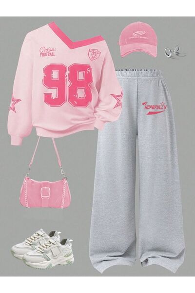 VESTIR BIEN 98 Baskılı Kız Çocuk Alt Üst Takım Pembe Gri