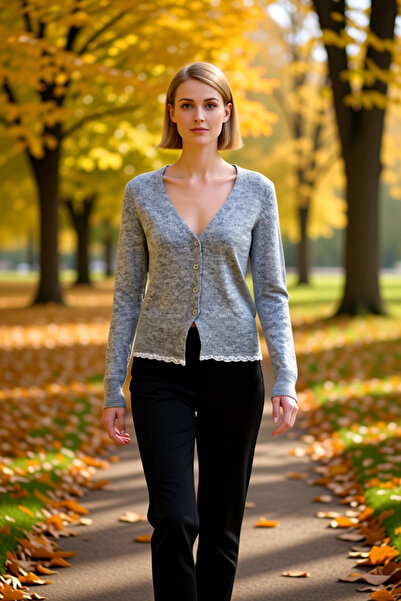 BENERLY سترة نسائية مريحة ذات ياقة على شكل حرف V وأكمام طويلة من الدانتيل بقط...