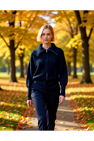 BENERLY Kadın Geniş Kalıp Devrik Yaka Fermuarlı Triko Hırka Rahat Ve Şık Görü...