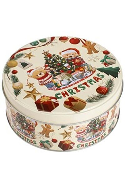 IRO Ecru Metal Tin with Christmas Teddy Bear Pattern for Food Ø13.5 x 5 cm