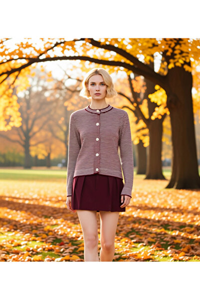 BENERLY Women's Red Striped Crew Neck Cropped Knit Cardigan Functional Durabl...