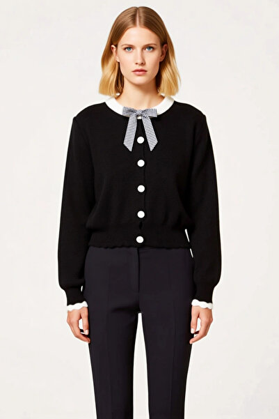 BENERLY Women's Paneled Crop Knitwear Cardigan Scarf Detailed Buttoned Front ...