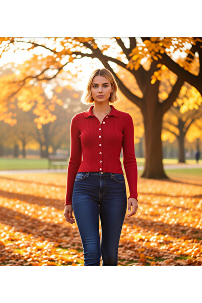 BENERLY Women's Mercerized Textured Corded Fabric Polo Neck Buttoned Long Sle...