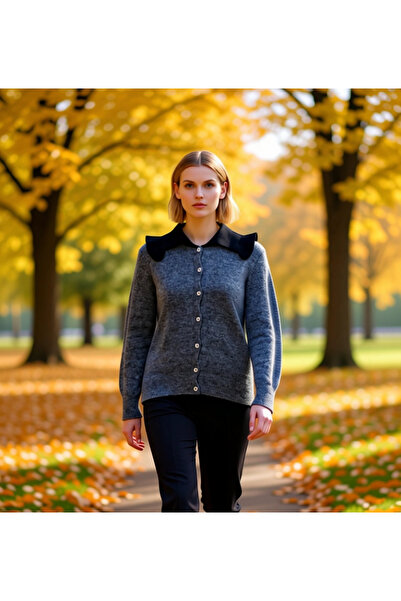 BENERLY Women's Peter Pan collar Detailed Buttoned Long Sleeve Relaxed Fit Kn...