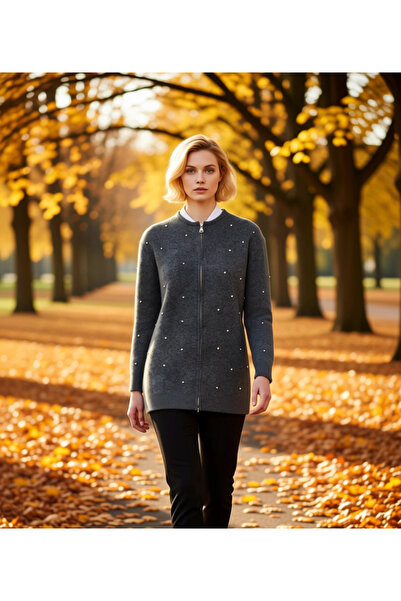 BENERLY Women's Fitted Cut Stone Detailed Zippered Long Sleeve Crew Neck Plai...