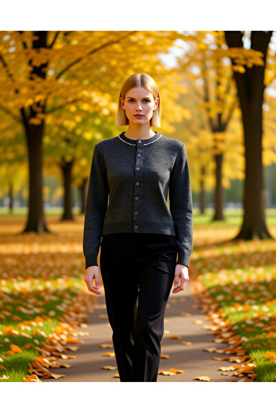 BENERLY سترة نسائية مطرزة بالأحجار بياقة دائرية وقصة مستقيمة وأكمام طويلة، مر...