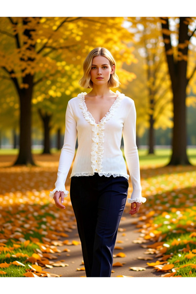 BENERLY Young Women's Lace Paneled V-Neck Fitted Knitwear Cardigan Special Ya...