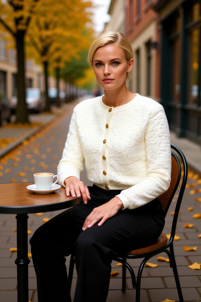 BENERLY Cardigan tricotat cu textură de pluș pentru femei, cu detaliu nasturi aurii, decolteu rotund, mânecă scurtă, oferă o eleganță modernă.