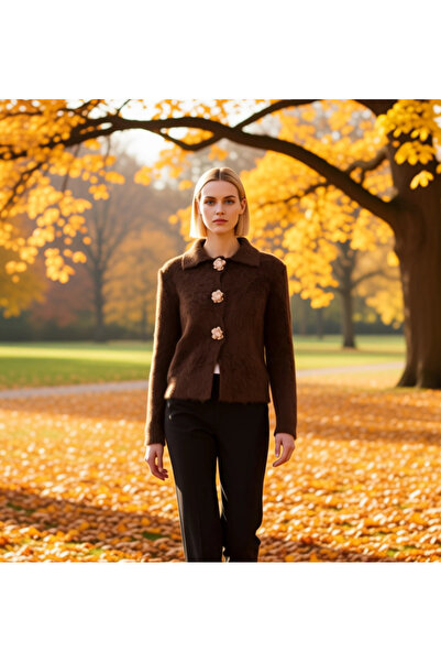 BENERLY Kadın Yumuşak Dokulu Gül Düğme Detaylı Buklet İplikli Uzun Kollu Regu...