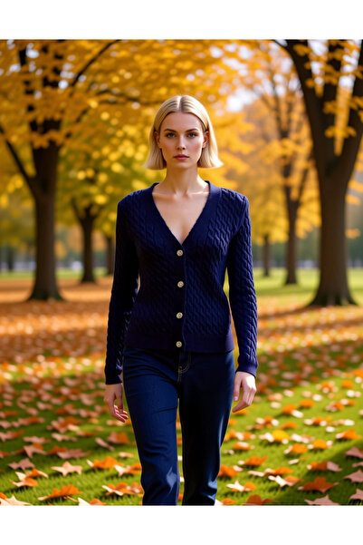 BENERLY Women's Soft Textured V-Neck Hair Knitting Patterned Shiny Button Det...