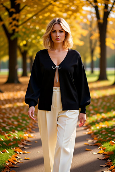 BENERLY Cardigan tricotat cu decolteu în V pentru femei, cu mâneci bufante și...