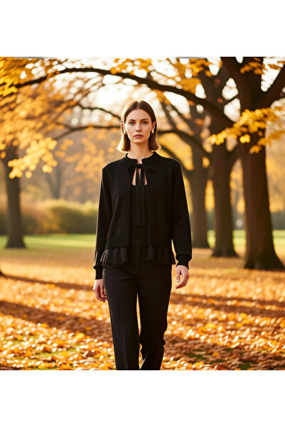 BENERLY Kadın Bağlama Detaylı Triko Hırka Bluz Takımı Dantel Etek Ucu Tasarım...