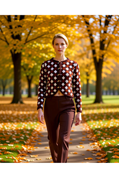 BENERLY Women's Diamond Pattern Crew Neck Cropped Knit Cardigan Casual Comple...